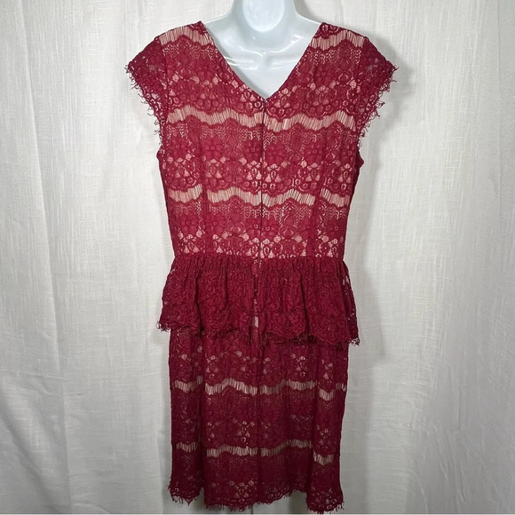 Anthropologie Maeve Elsa Burgundy Red Lace Peplum Sheath Cap Sleeve Dress Sz L - Picture 6 of 8